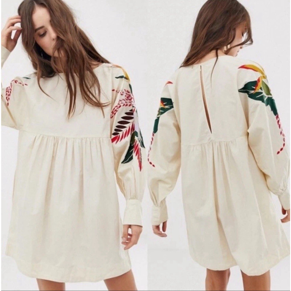 Free People Mini Obsessions Embroidered Boho Dress Small Ecru Floral Puff Sleeve